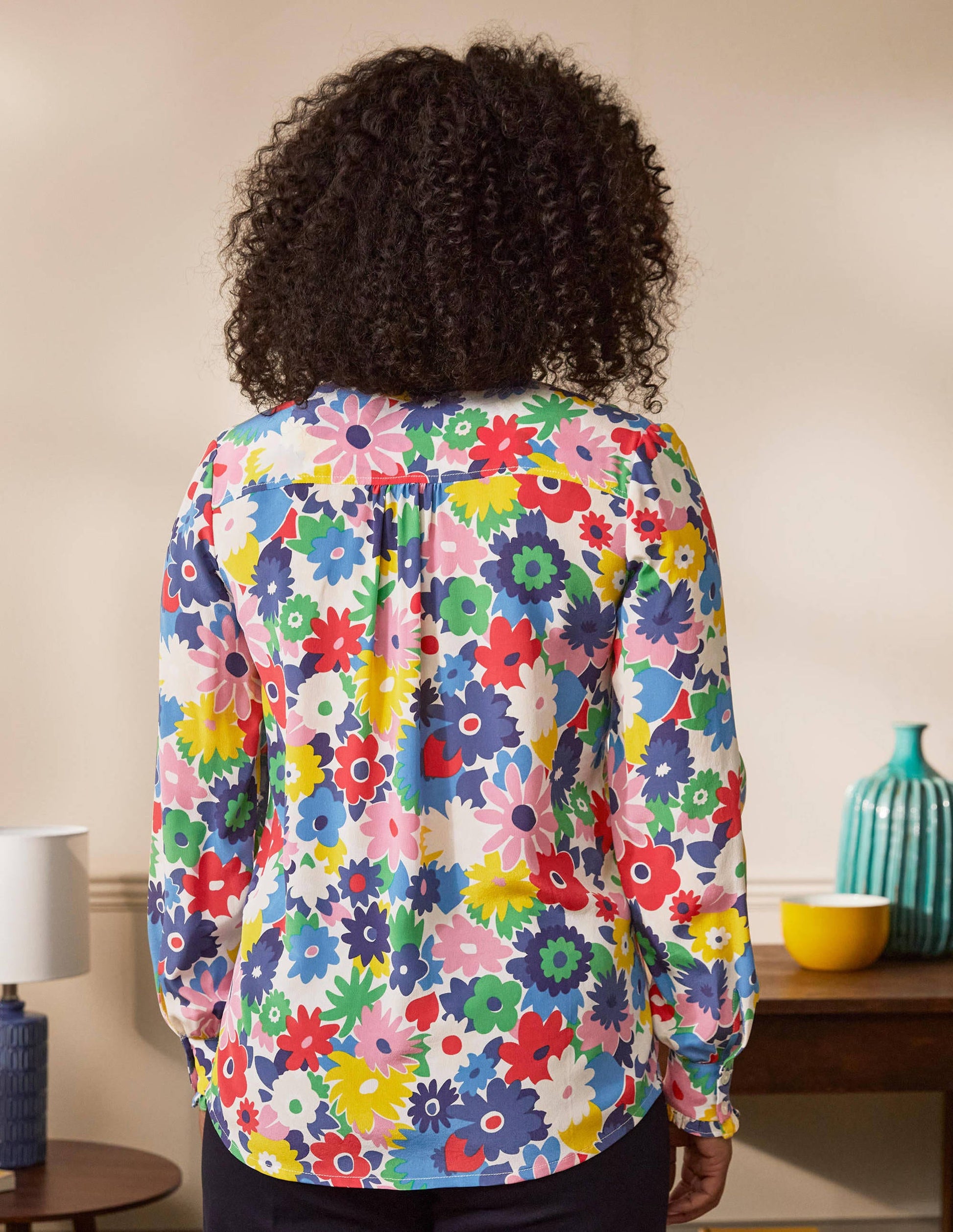 Chemise volantée en soie-Ivoire, motif Paintbox Ditsy-2