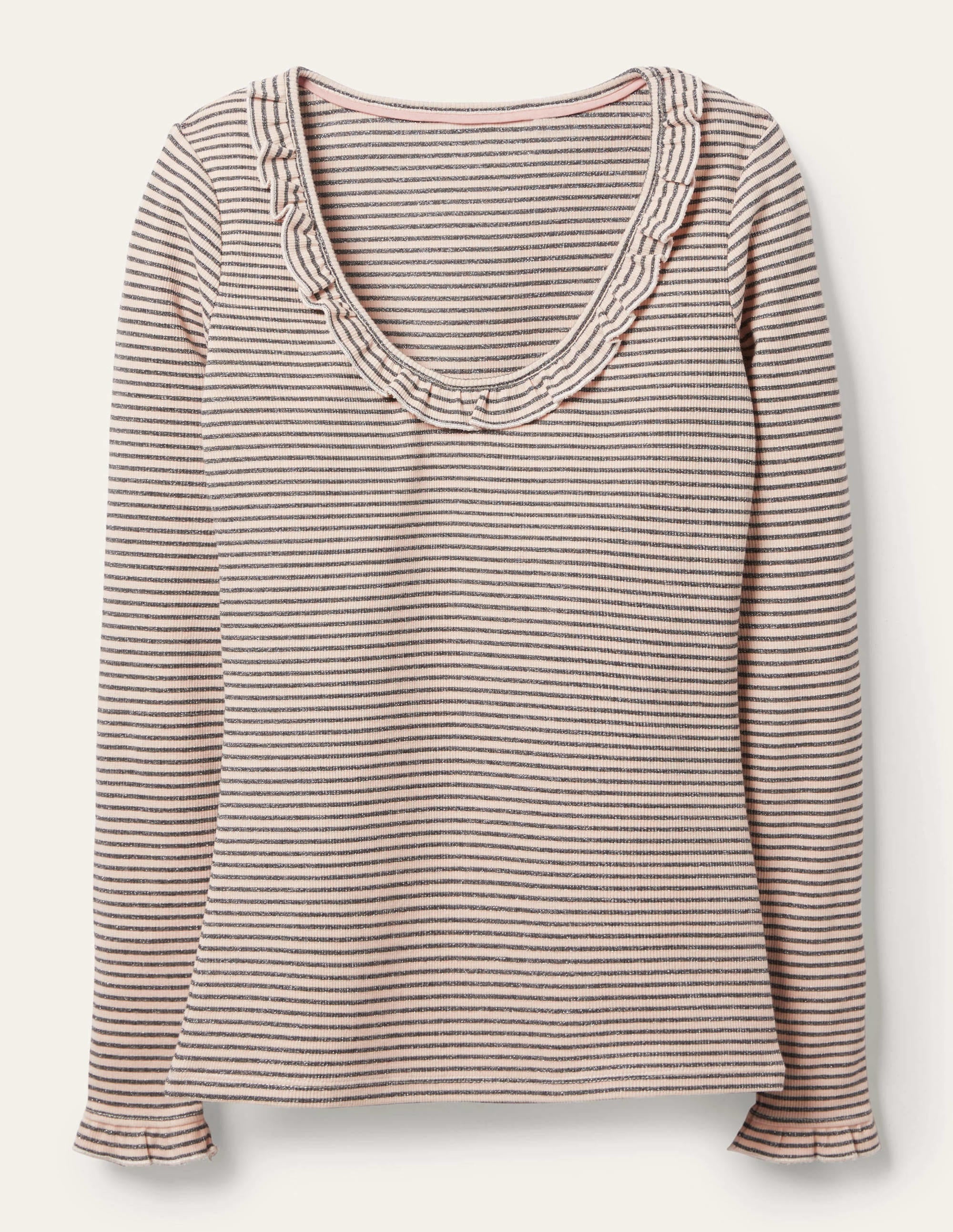 Scoop Rib Frill Jersey Top-Oatmeal Marl, Gunmetal Stripe - Image 6