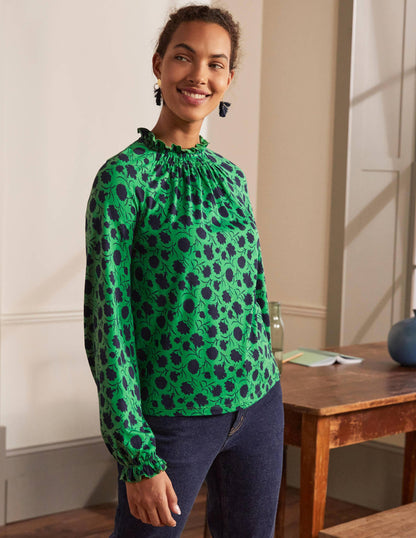 Jerseyoberteil mit gerüschtem Ausschnitt und Blousonärmeln-Baumgrün, Knospen mit Blättern-3