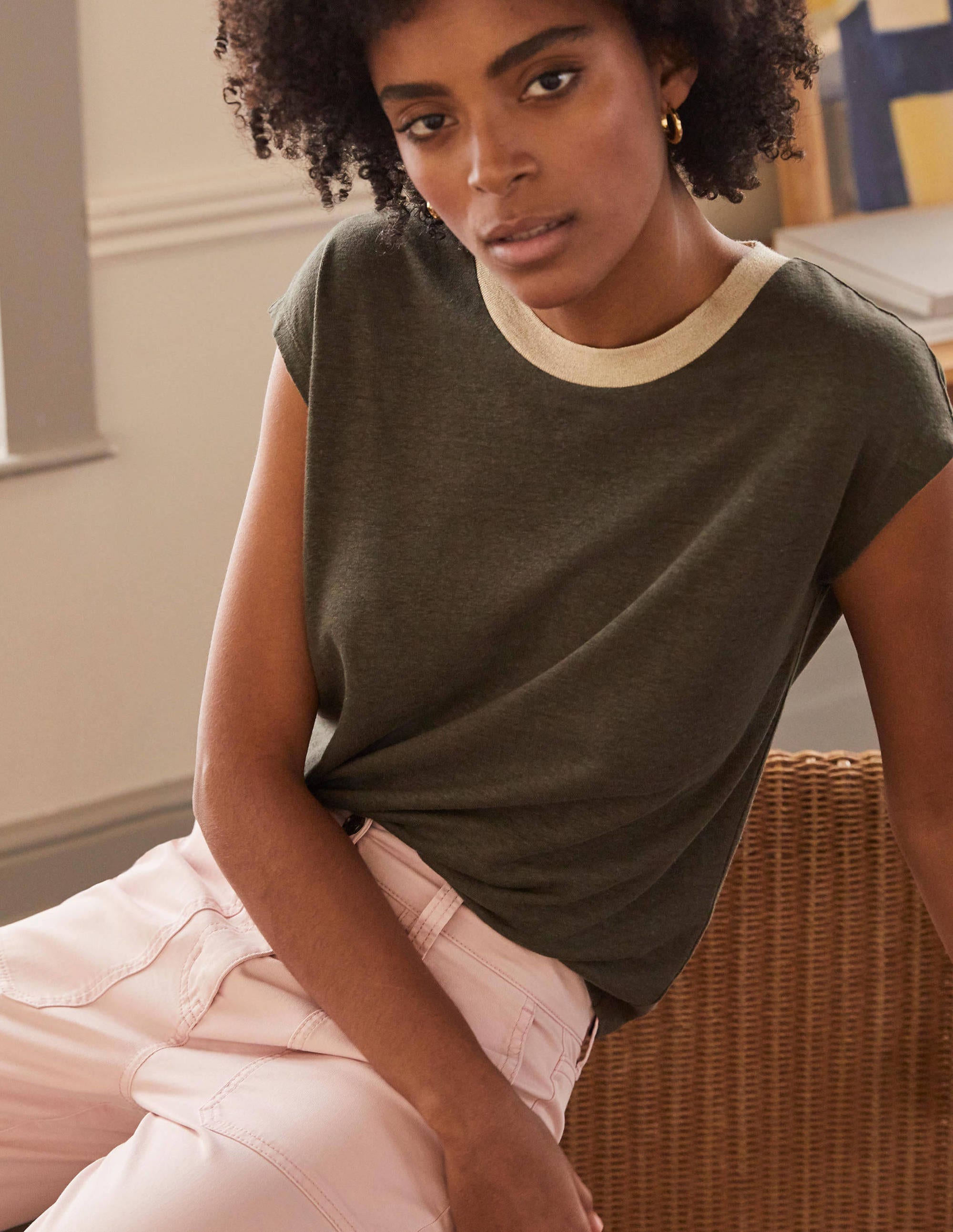 Jersey-T-Shirt mit glitzerndem Ausschnitt-Klassisches Khaki - Image 3