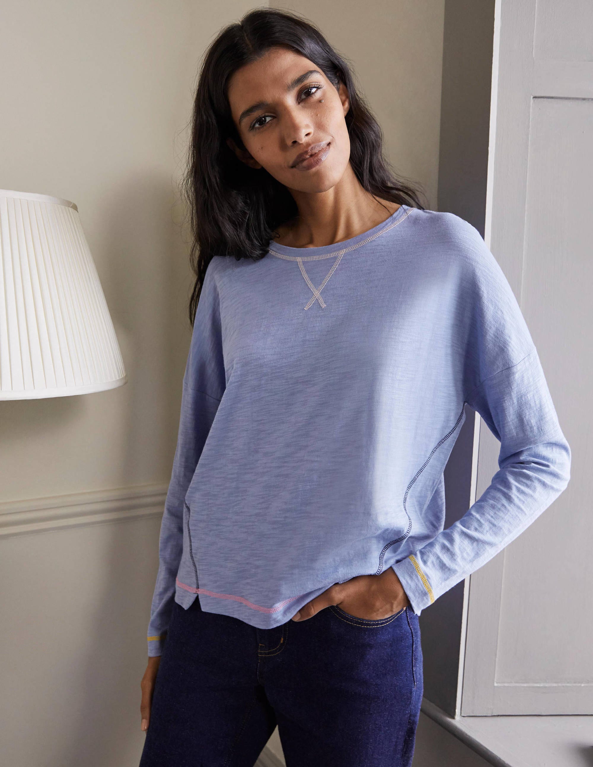 Top en jersey à coutures contrastantes-Bleu embruns - Image 4