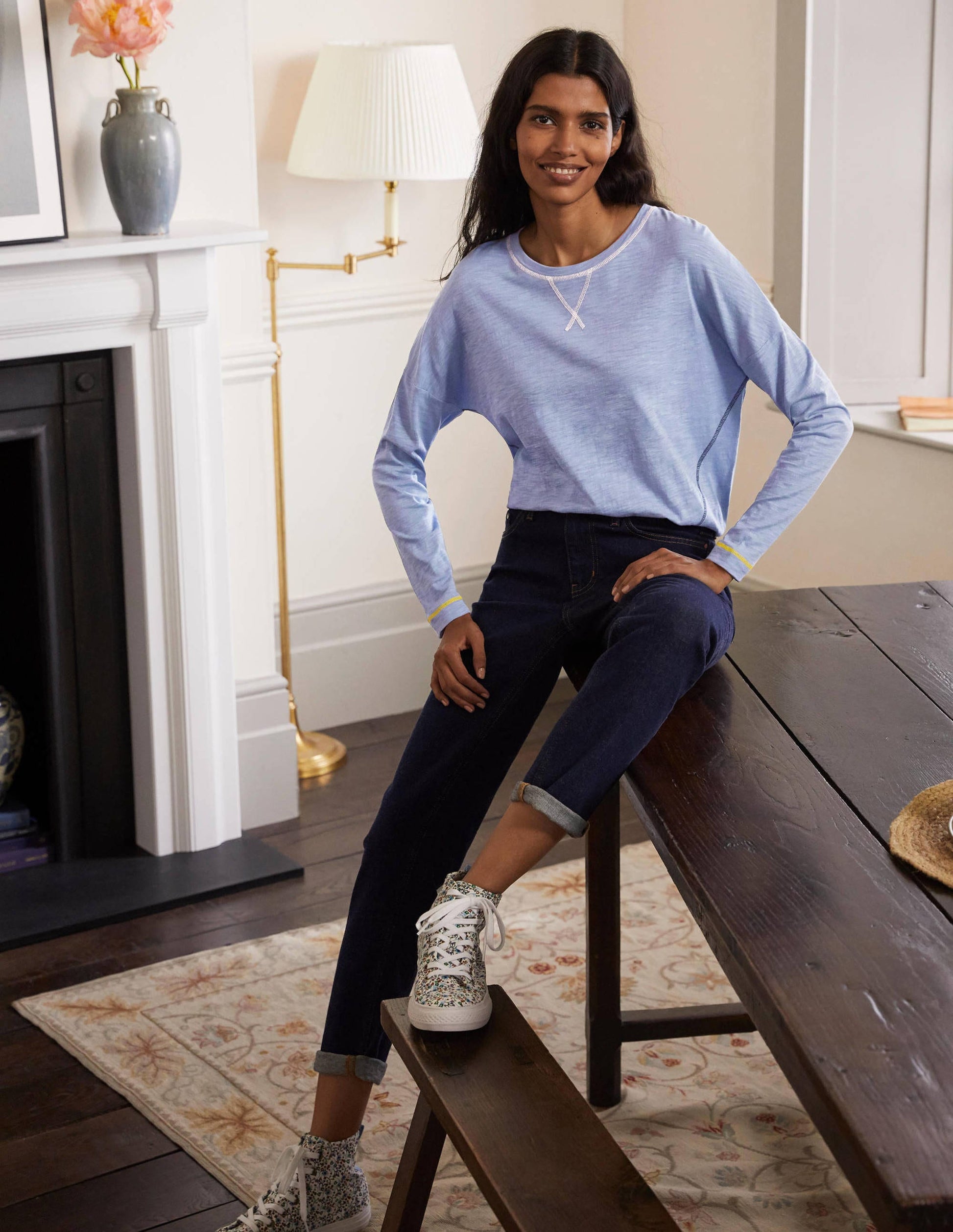 Top en jersey à coutures contrastantes-Bleu embruns-3