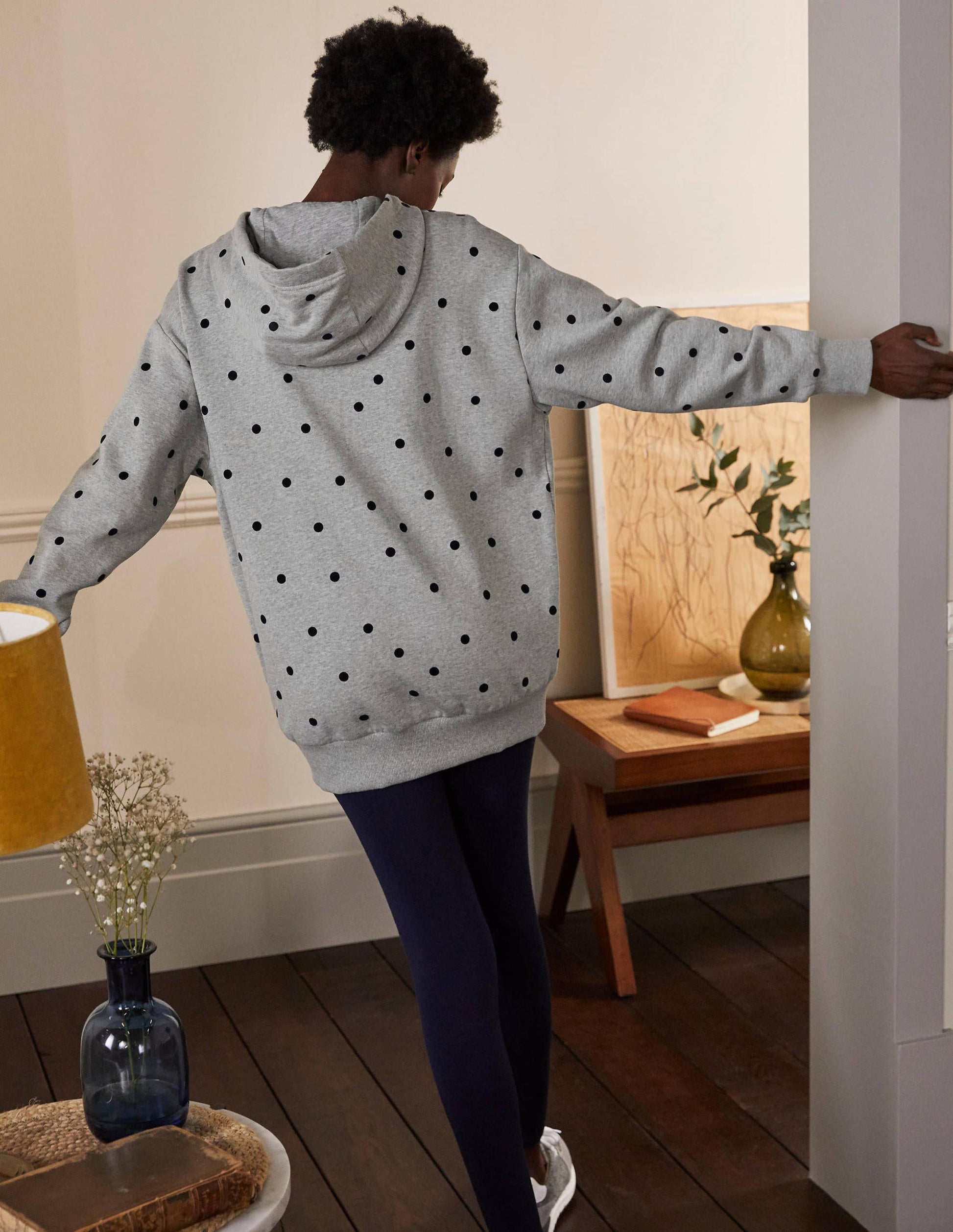 Sweat à capuche oversize-Gris chiné/pois floqués-2