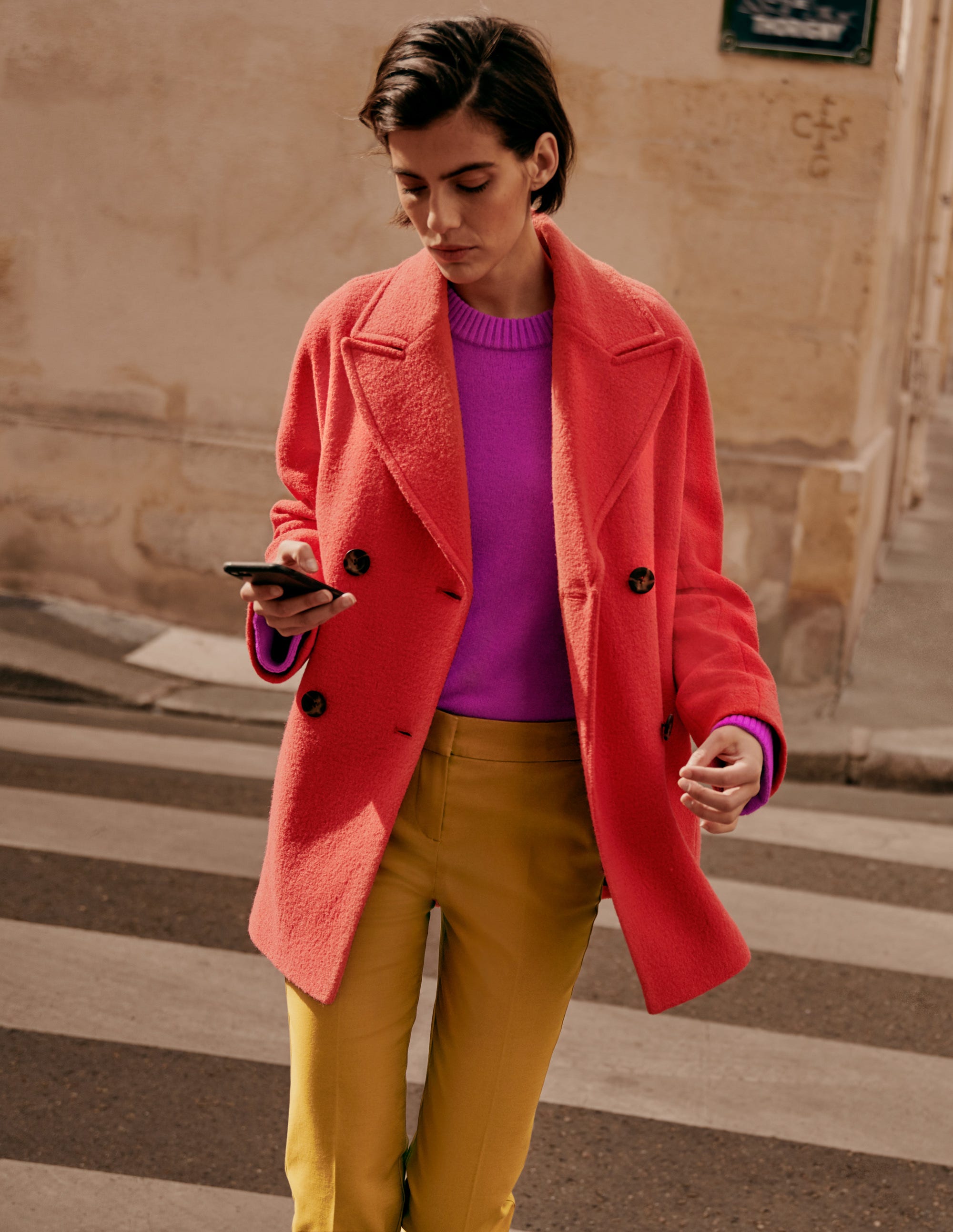 Caban en laine texturée-Rouge cerise - Image 5