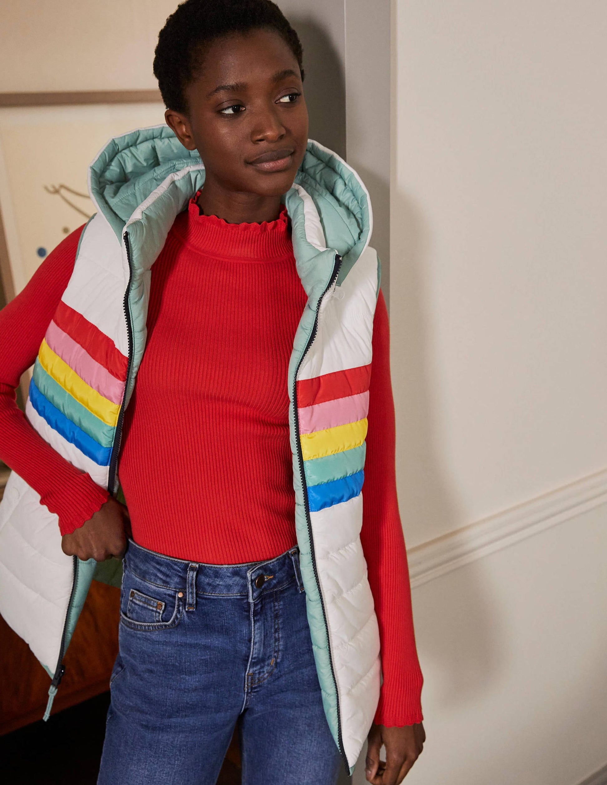 Blouson sans manches léger et réversible-Rayé ivoire-1