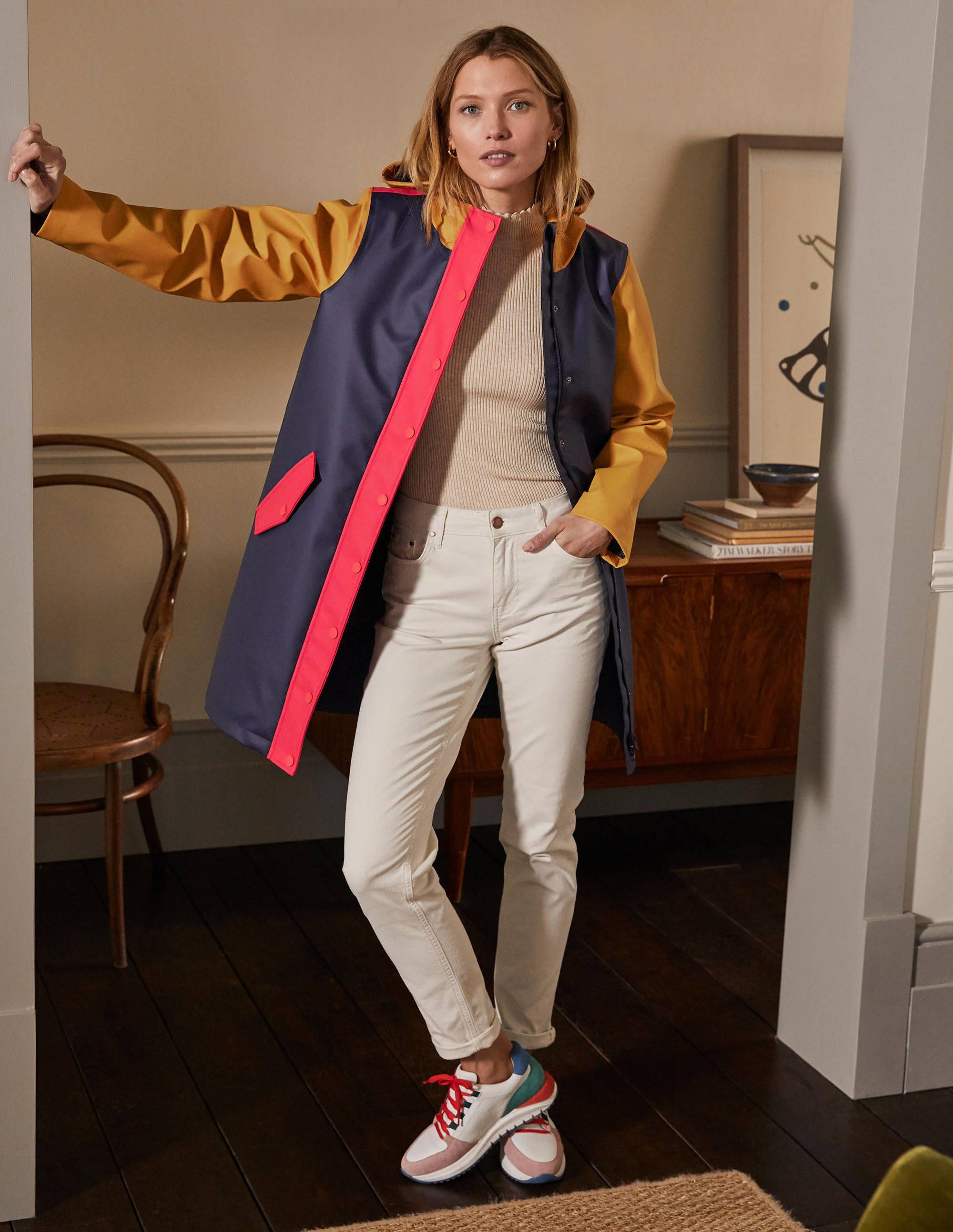 Morris Waterproof Mac-Navy and Ochre Colourblock - Image 1
