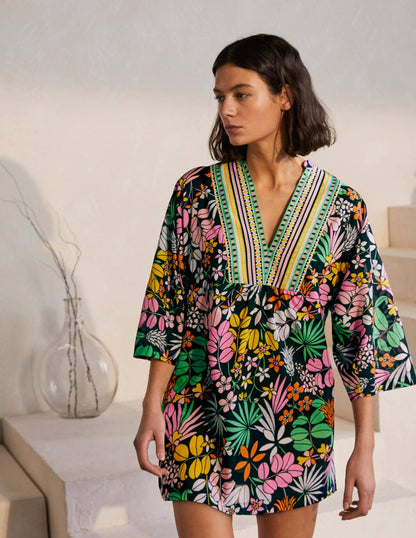 Wide Sleeve Cotton Kaftan-Black, Jungle Floral-4