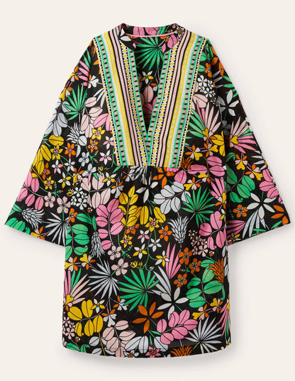 Wide Sleeve Cotton Kaftan-Black, Jungle Floral-5