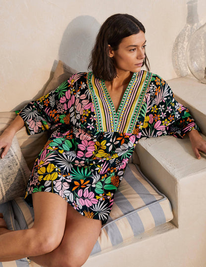 Wide Sleeve Cotton Kaftan-Black, Jungle Floral-1
