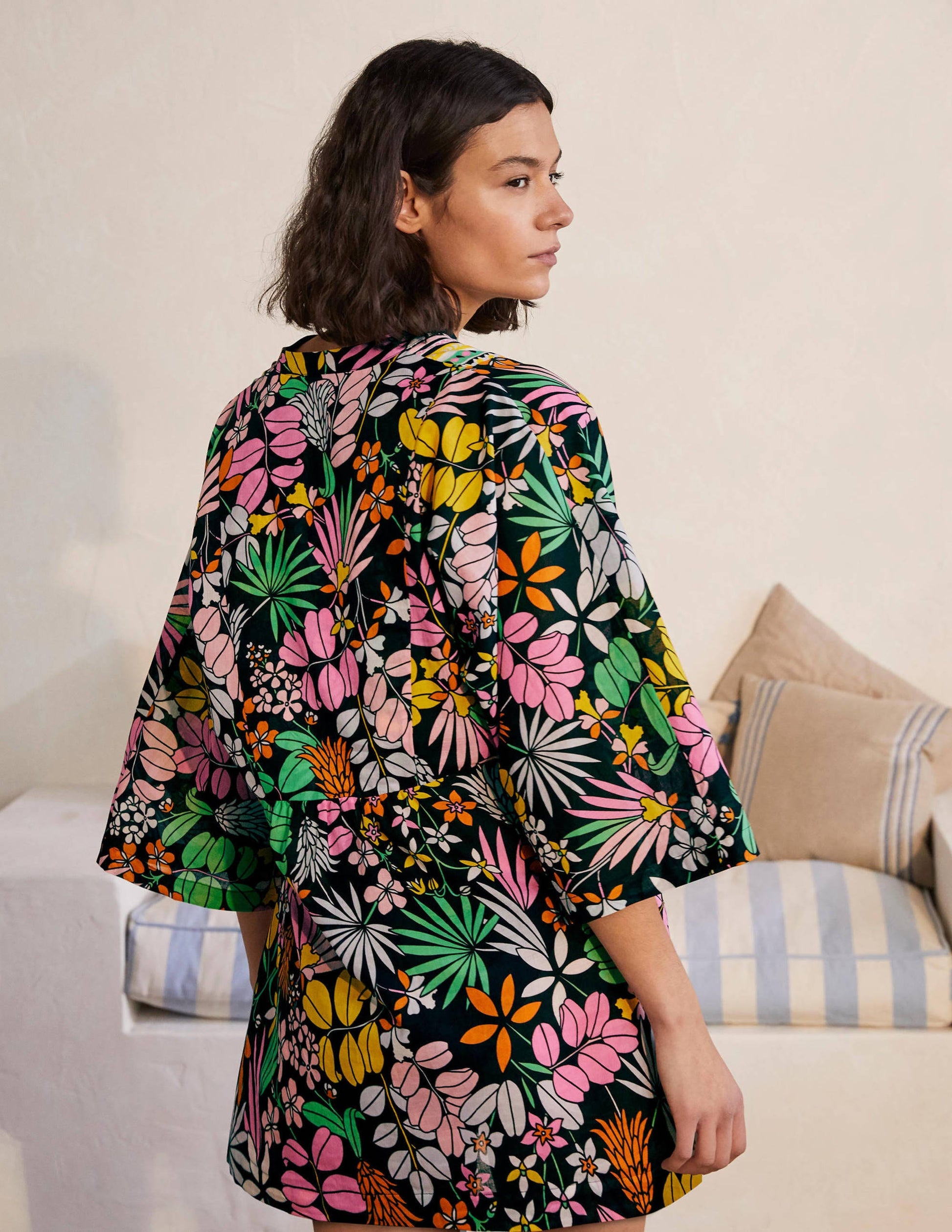 Wide Sleeve Cotton Kaftan-Black, Jungle Floral-2