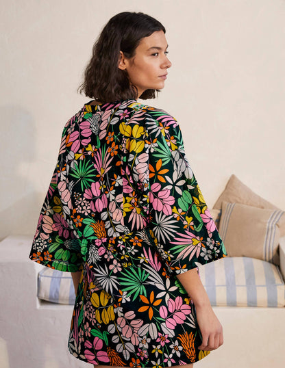 Wide Sleeve Cotton Kaftan-Black, Jungle Floral-2