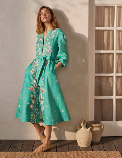 Robe midi Addie en lin-Vert feuille, imprimé placé