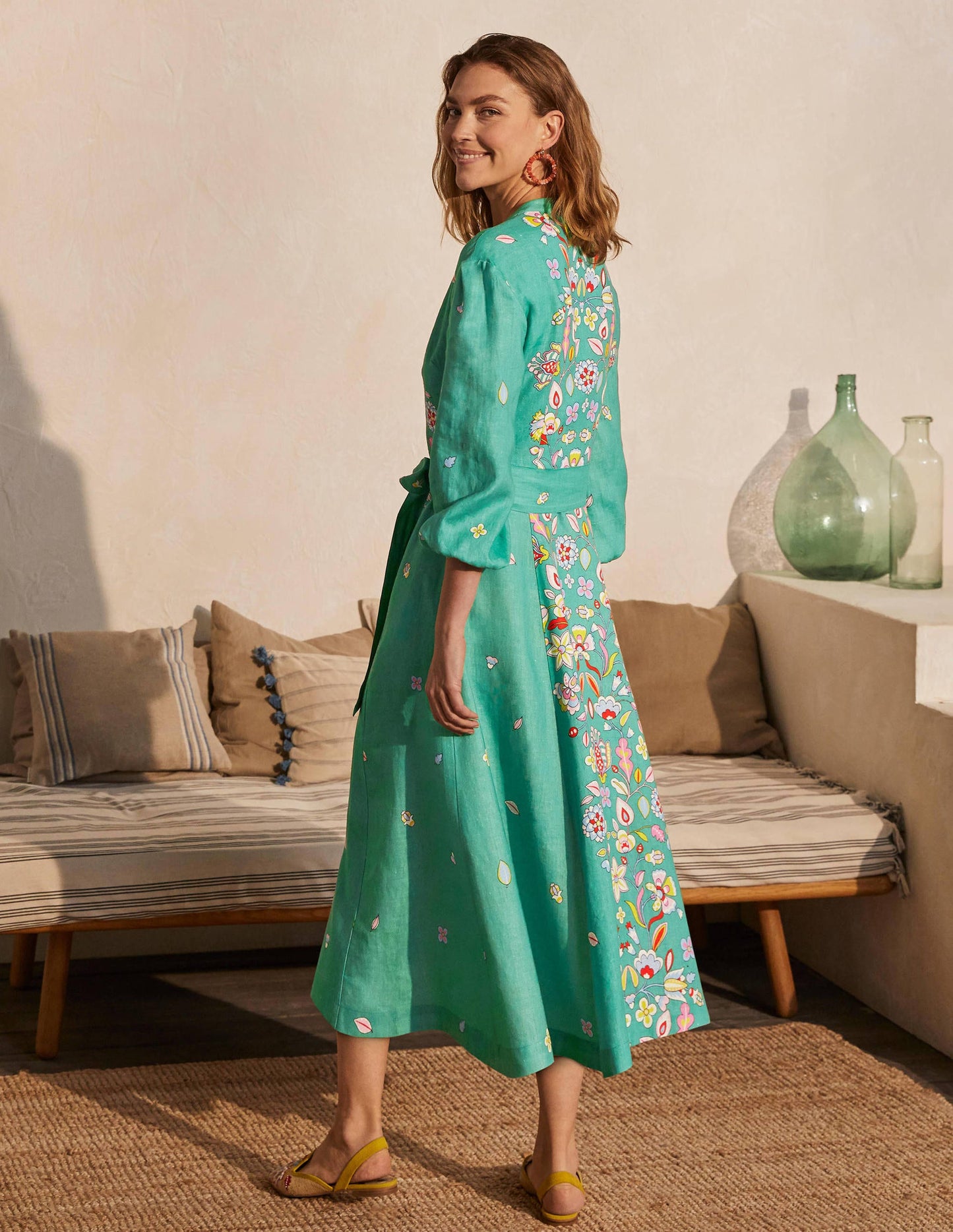 Robe midi Addie en lin-Vert feuille, imprimé placé