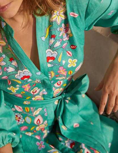 Robe midi Addie en lin-Vert feuille, imprimé placé