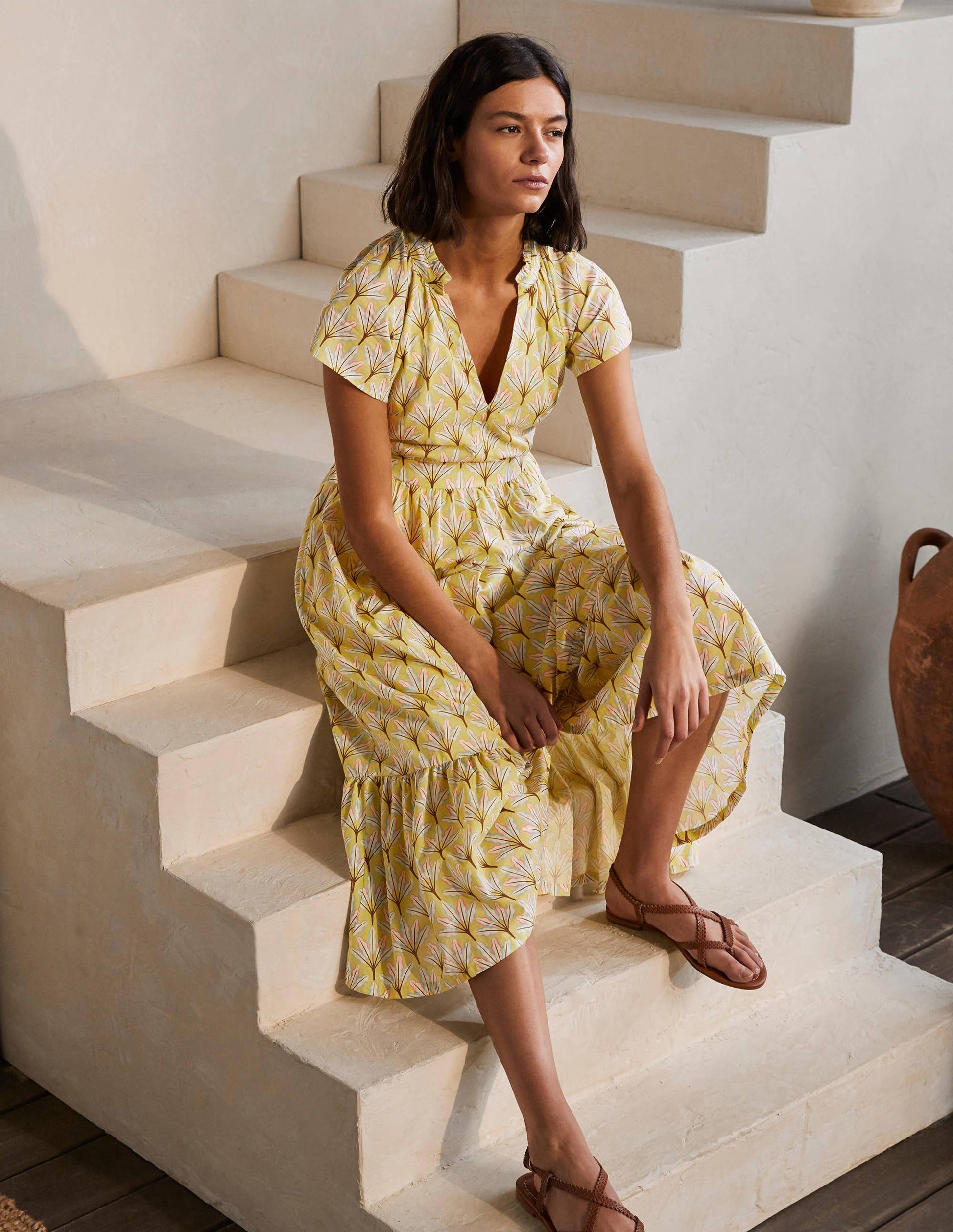 Bernadette Cotton Midi Dress-Corn Yellow, Intricate Leaf-4