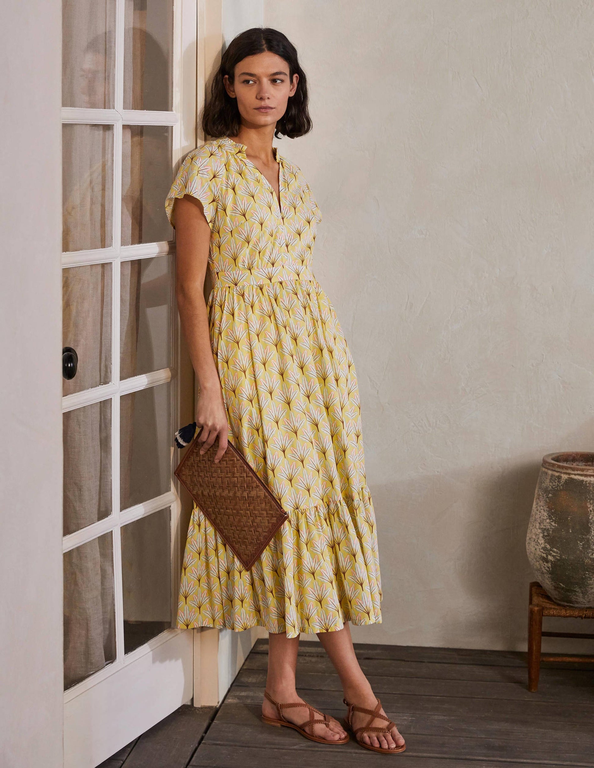 Bernadette Cotton Midi Dress-Corn Yellow, Intricate Leaf-1