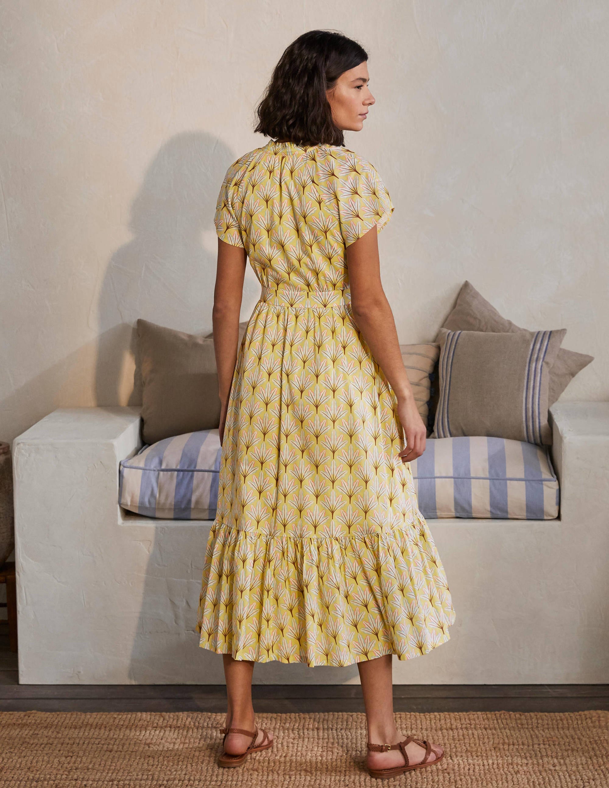 Bernadette Cotton Midi Dress-Corn Yellow, Intricate Leaf - Image 2
