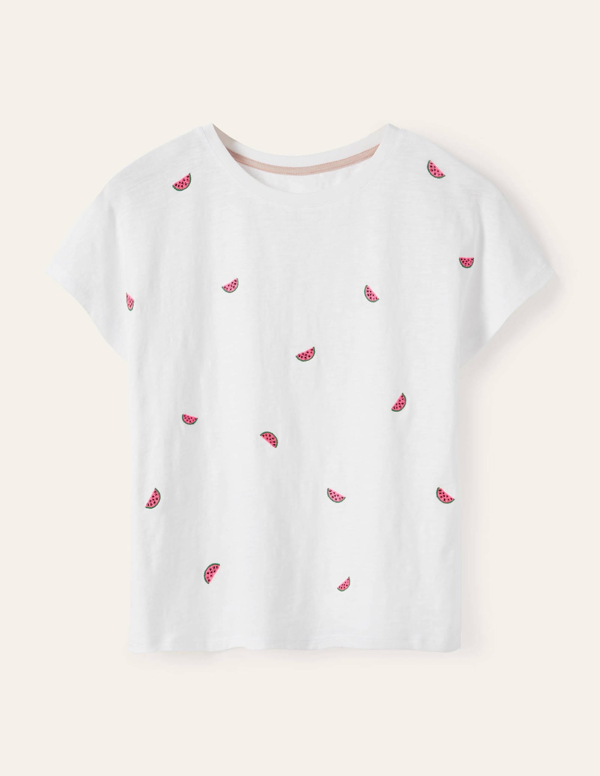Lena Embroidered Jersey Tee-White, Embroidered Watermelons - Image 6