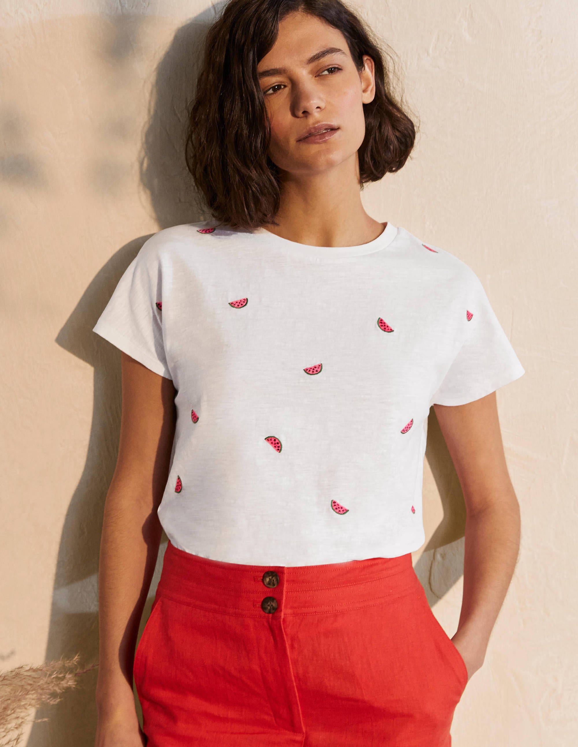 Lena Embroidered Jersey Tee-White, Embroidered Watermelons - Image 1