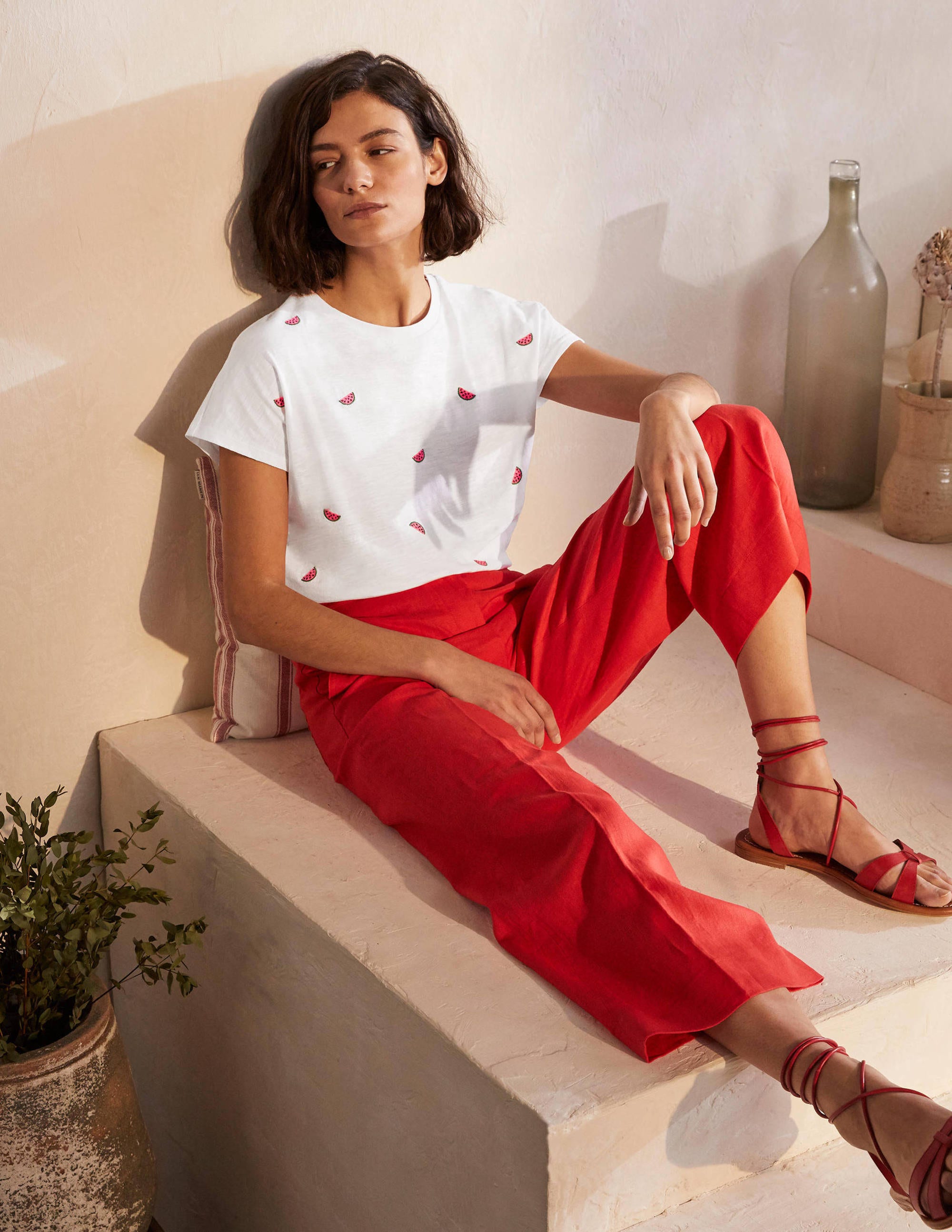 Lena Embroidered Jersey Tee-White, Embroidered Watermelons - Image 4
