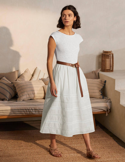 Midi-Webkleid aus Jersey mit Zierborten-Weiß