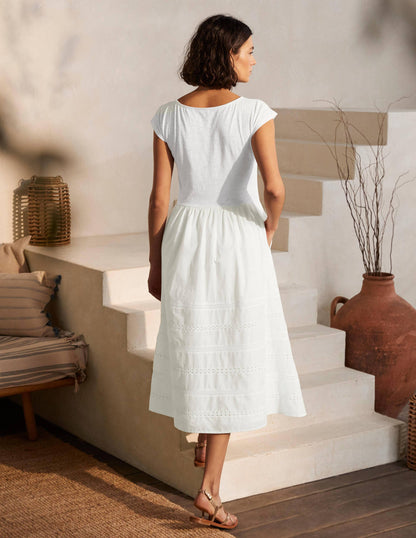 Midi-Webkleid aus Jersey mit Zierborten-Weiß