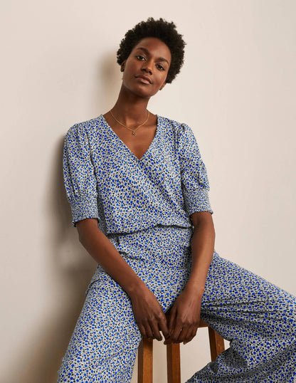 Jumpsuit mit Blousonärmeln-Naturweiß, Getupftes Wiesenmuster-2