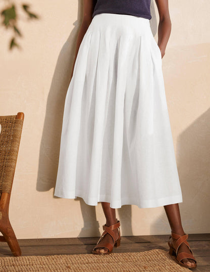 Lydia Linen Pleated Skirt-White-1