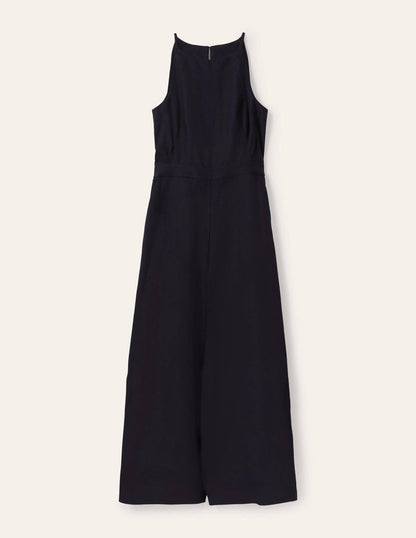 Neckholder-Jumpsuit aus Leinen-Marineblau