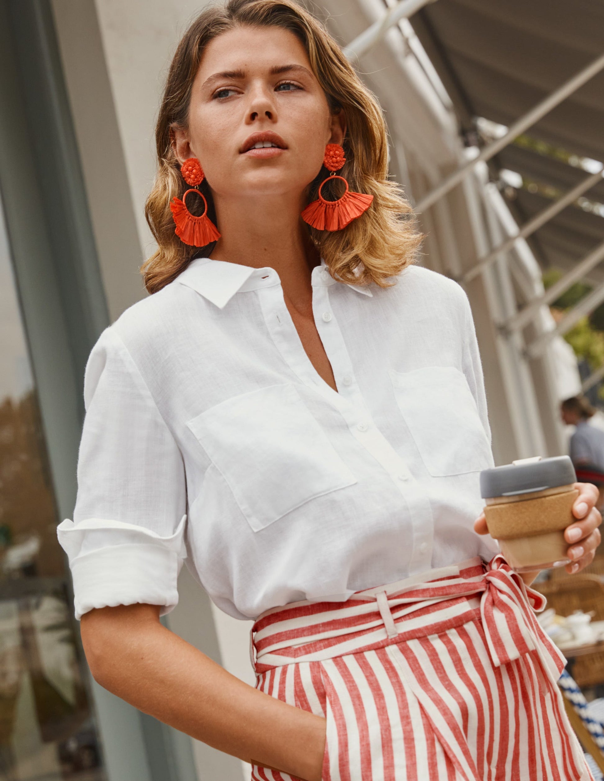 Alma Tie Waist Linen Shorts-Cherry Red Stripe-8
