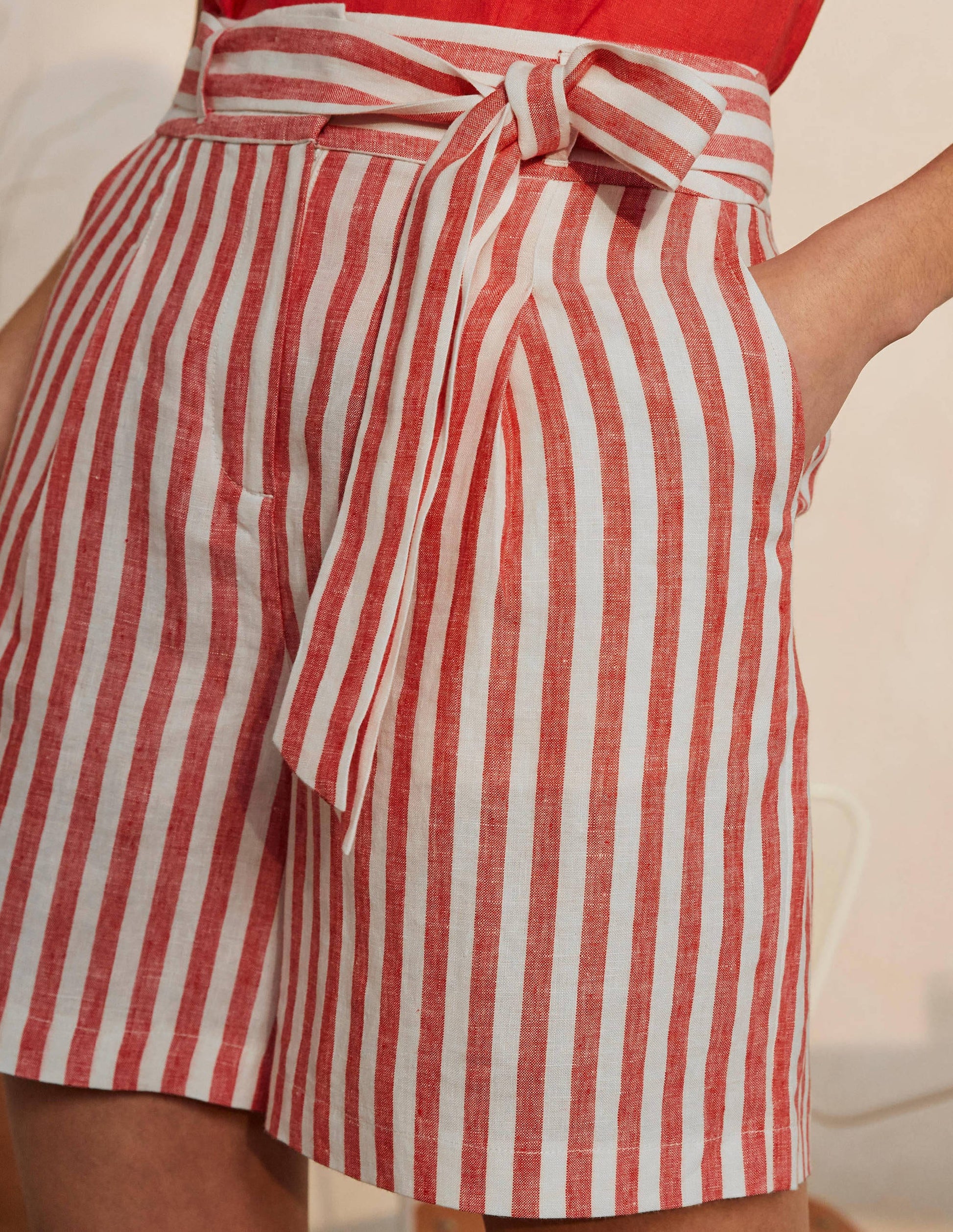 Alma Tie Waist Linen Shorts-Cherry Red Stripe-3
