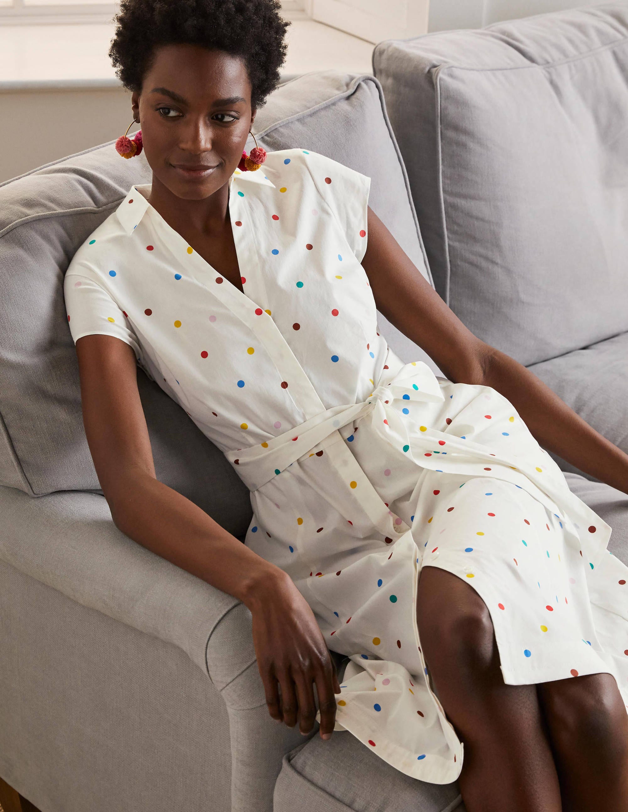 Short Sleeve Shirt Dress-Ivory, polka dot - Image 5