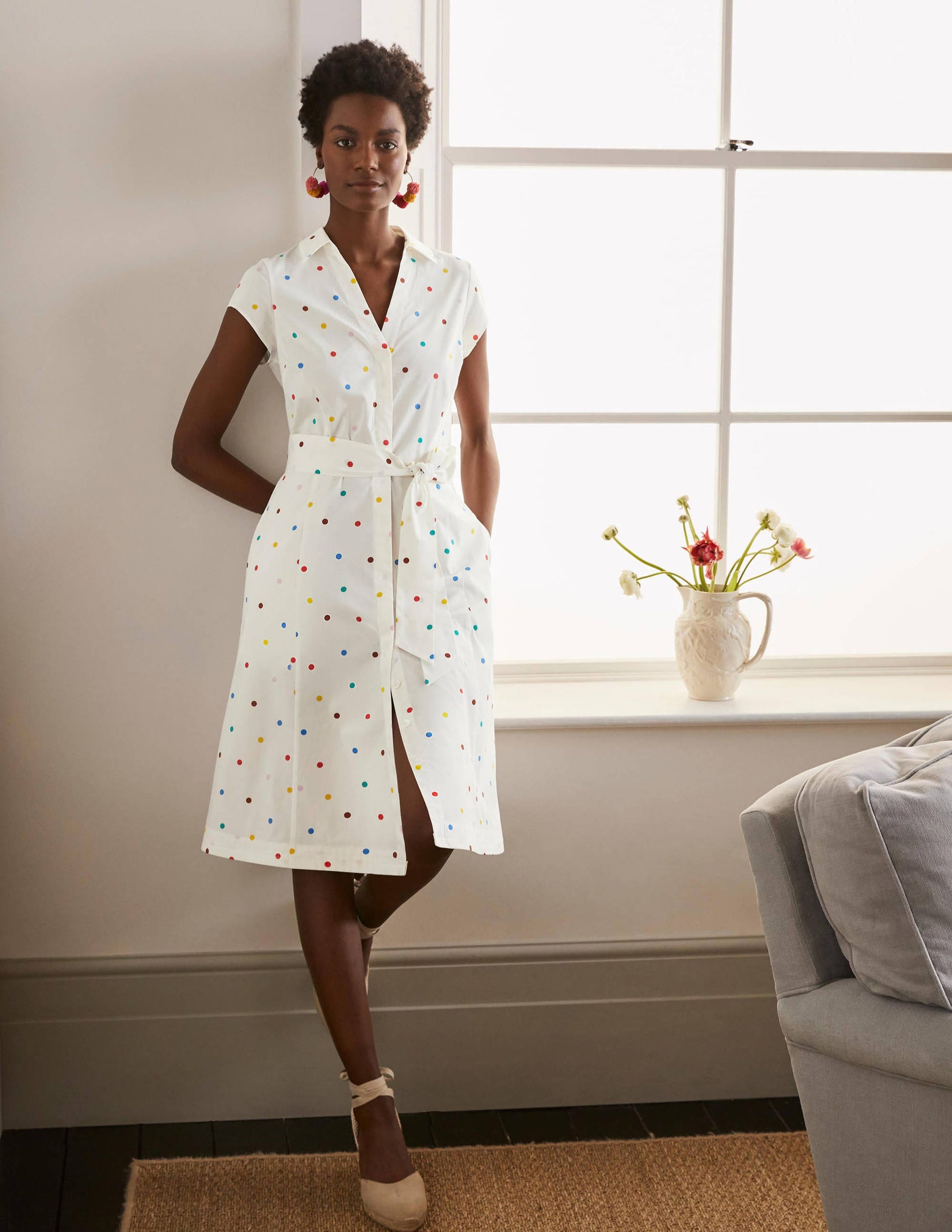 Short Sleeve Shirt Dress-Ivory, polka dot-1