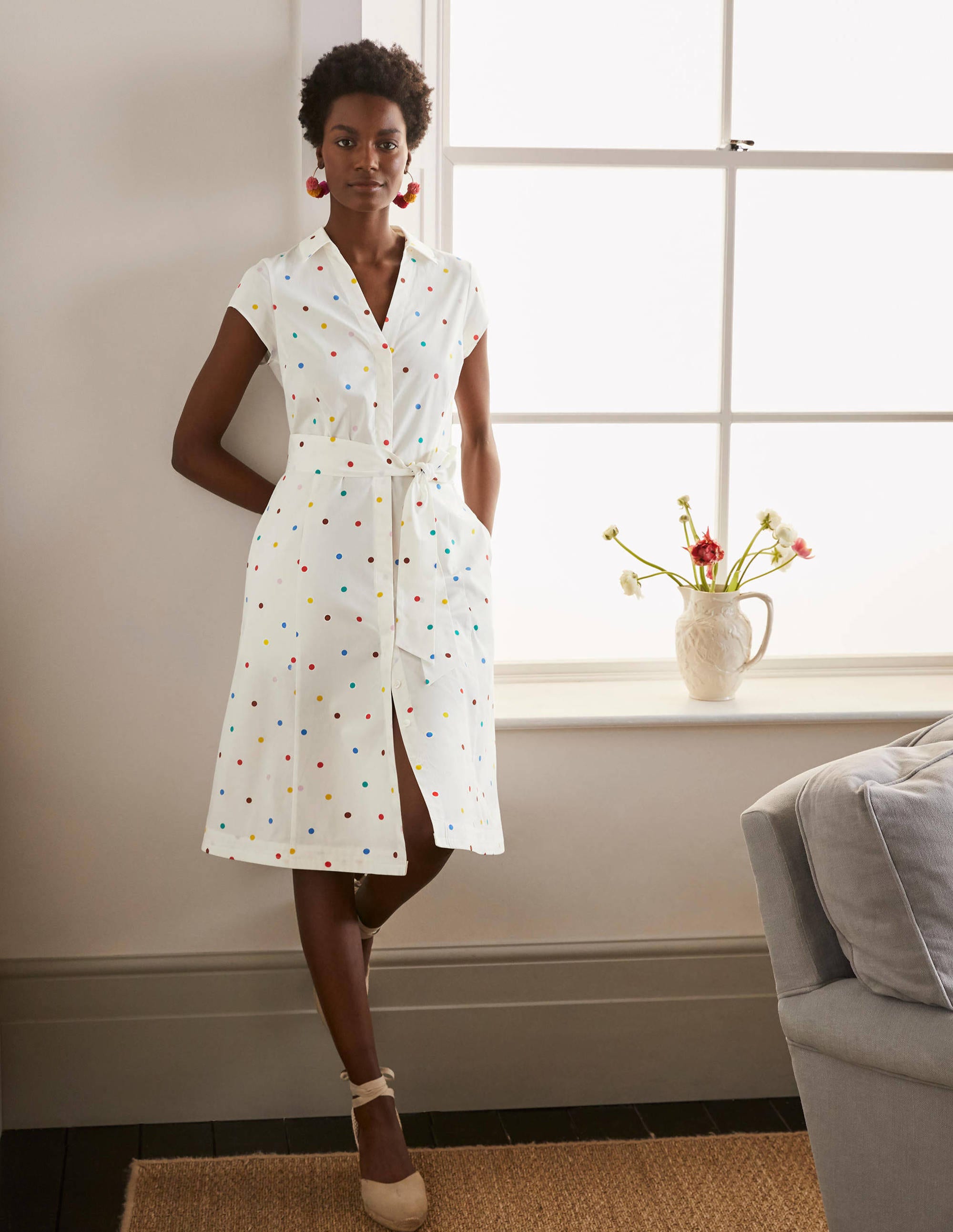 Short Sleeve Shirt Dress-Ivory, polka dot - Image 1