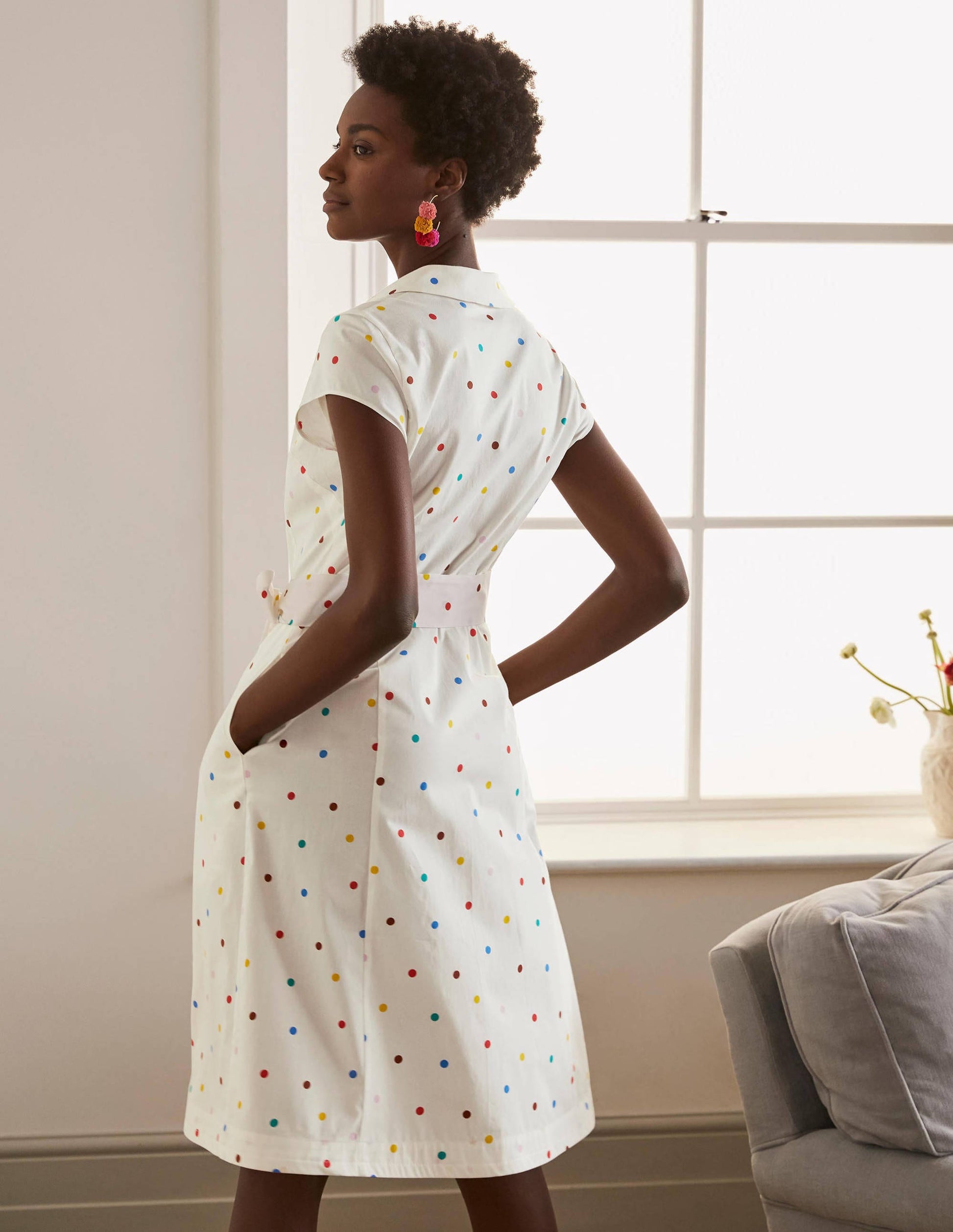 Short Sleeve Shirt Dress-Ivory, polka dot-2