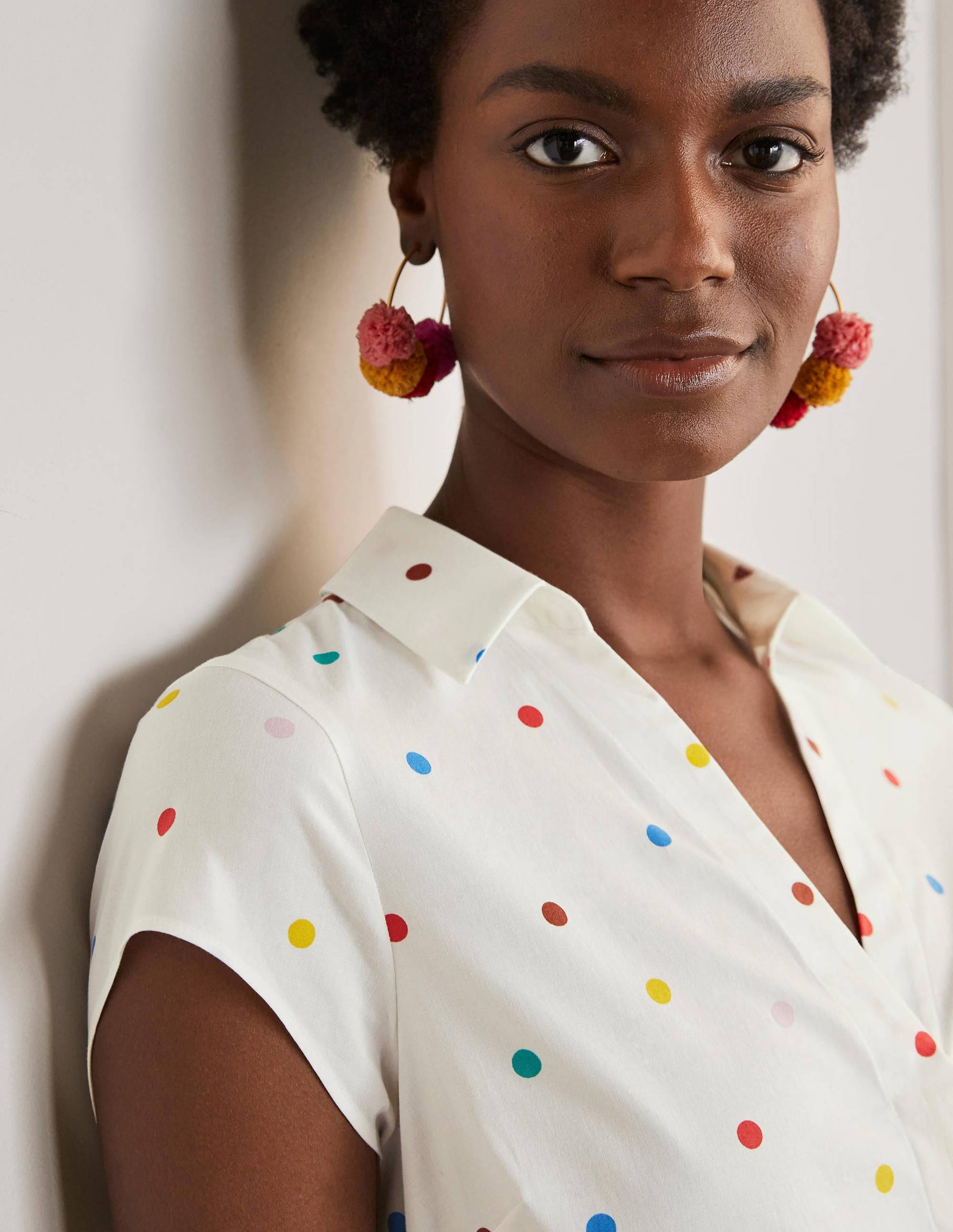 Short Sleeve Shirt Dress-Ivory, polka dot-3