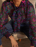 Blouse Rosaline en soie-Bleu marine foncé, motif Opulent Bloom