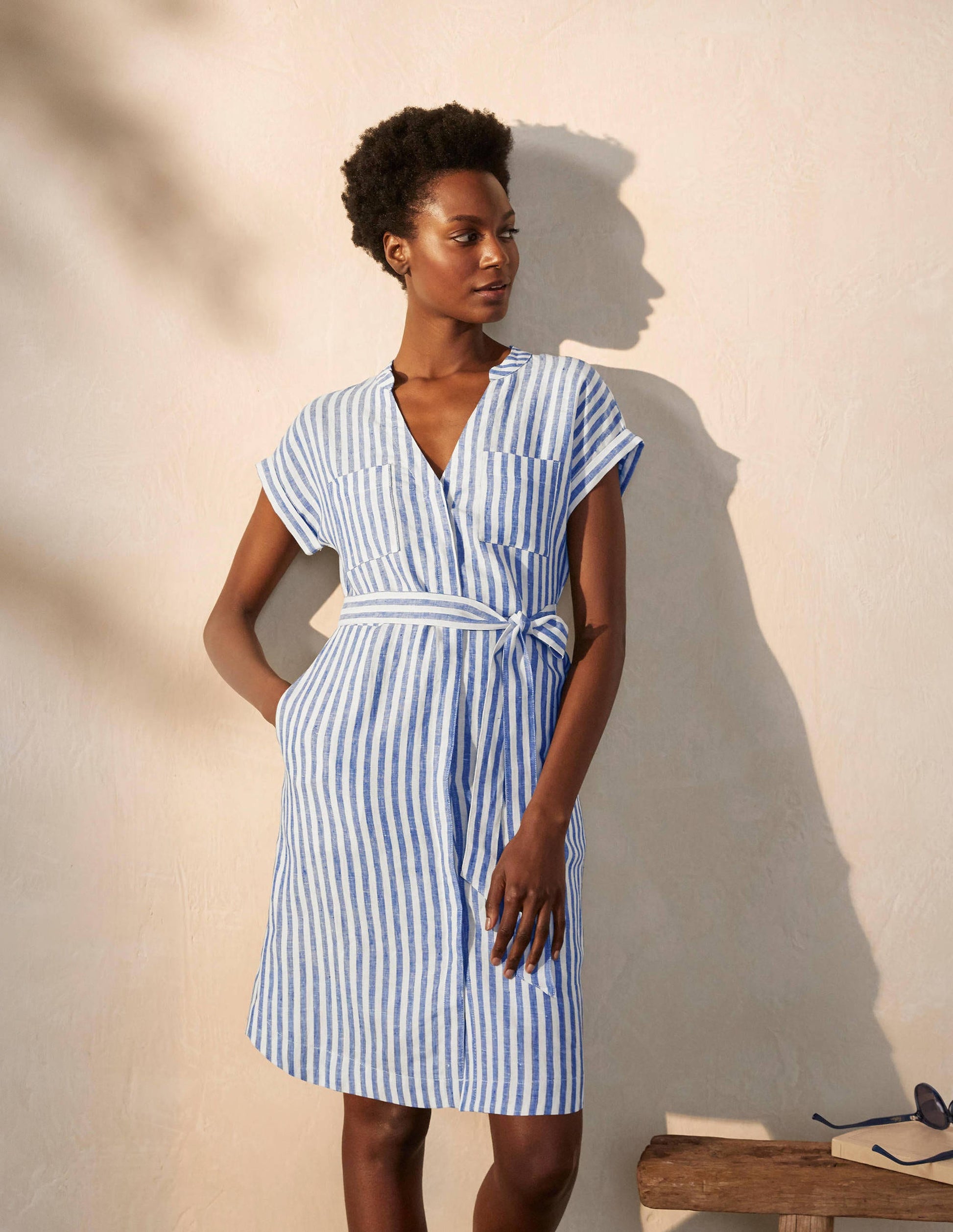 Evie Hemdblusenkleid aus Leinen-Gipfelblau, Gestreift-4