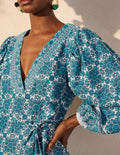 Robe Bridget en lin à ceinture-Océan Indien, tuile flore