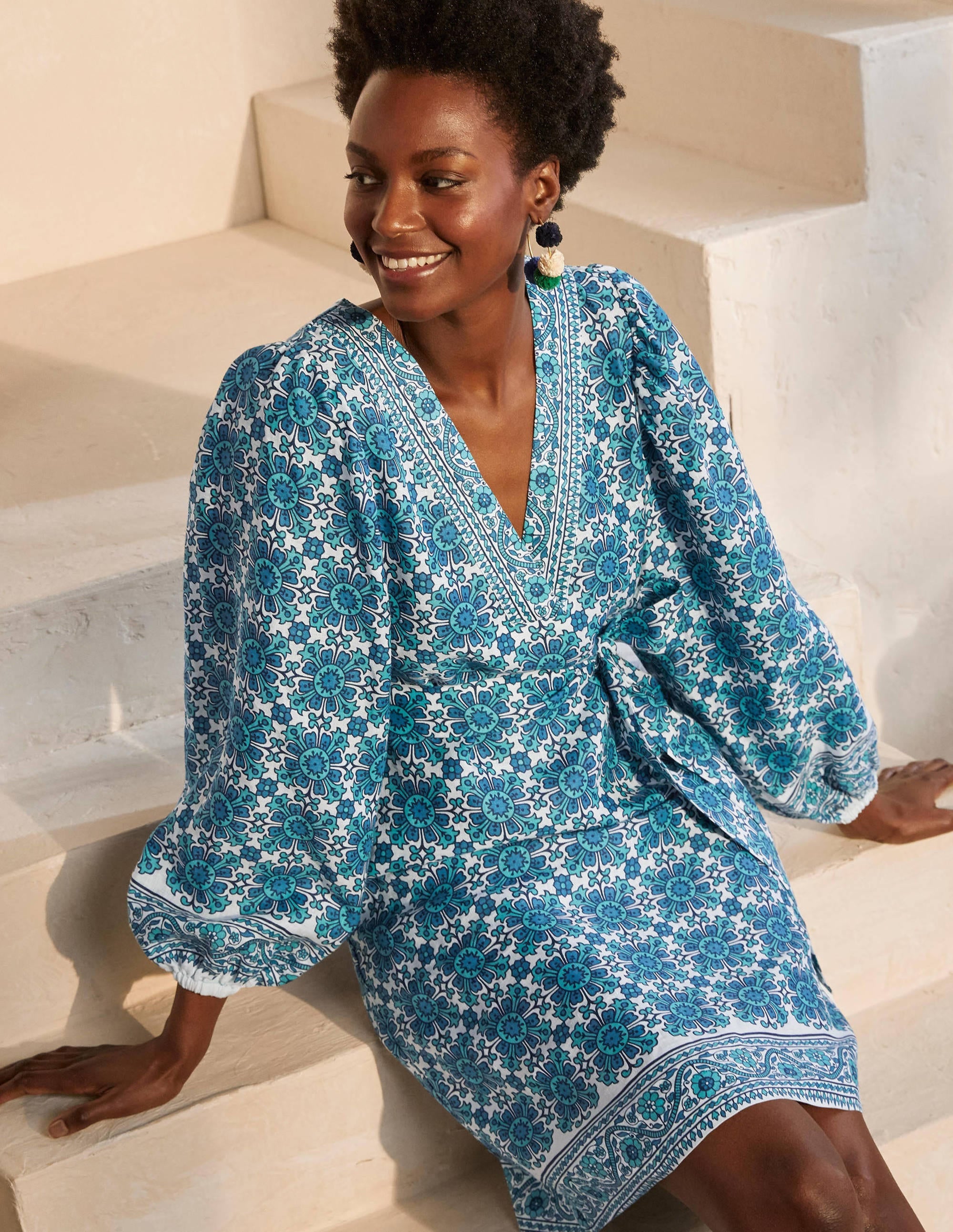 Robe Bridget en lin à ceinture-Océan Indien, tuile flore - Image 3