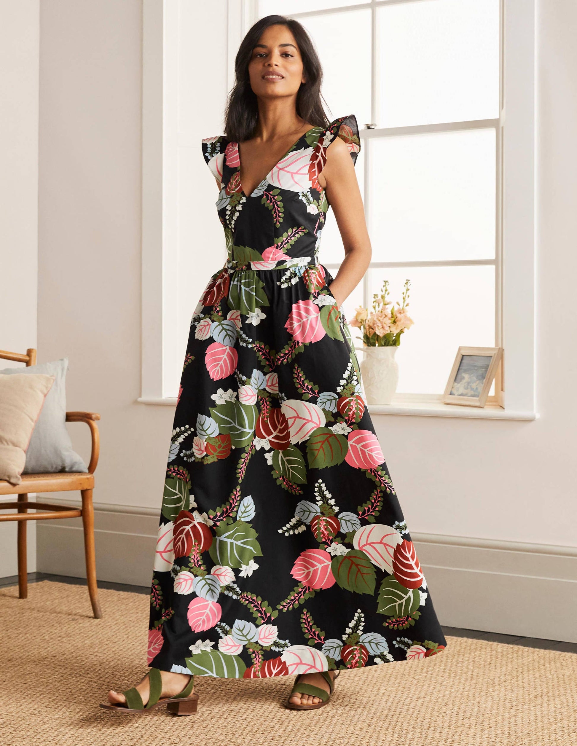 Andrea Maxikleid mit Rüschenärmeln-Schwarz, Tropischer Urlaub-1