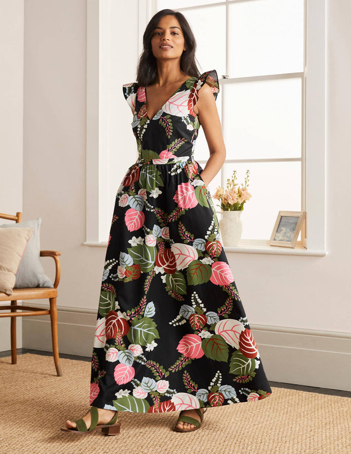 Andrea Maxikleid mit Rüschenärmeln-Schwarz, Tropischer Urlaub