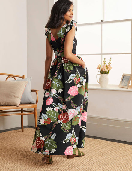 Andrea Maxikleid mit Rüschenärmeln-Schwarz, Tropischer Urlaub