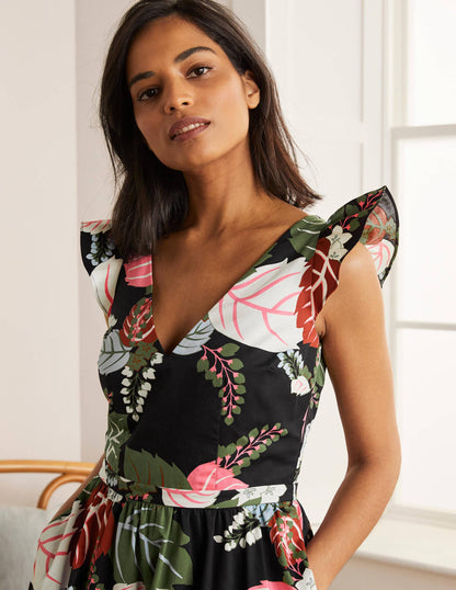Andrea Maxikleid mit Rüschenärmeln-Schwarz, Tropischer Urlaub-3