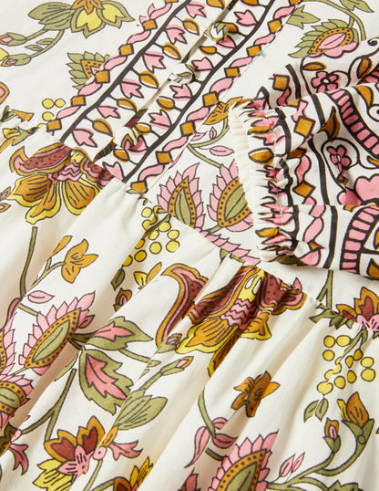 Baumwoll-Maxikleid mit gekerbtem Ausschnitt-Naturweiß, Sommerlicher Chintz