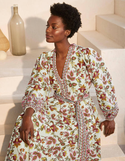 Baumwoll-Maxikleid mit gekerbtem Ausschnitt-Naturweiß, Sommerlicher Chintz