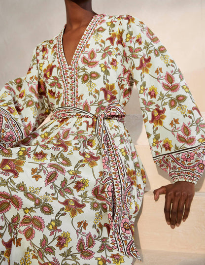 Baumwoll-Maxikleid mit gekerbtem Ausschnitt-Naturweiß, Sommerlicher Chintz