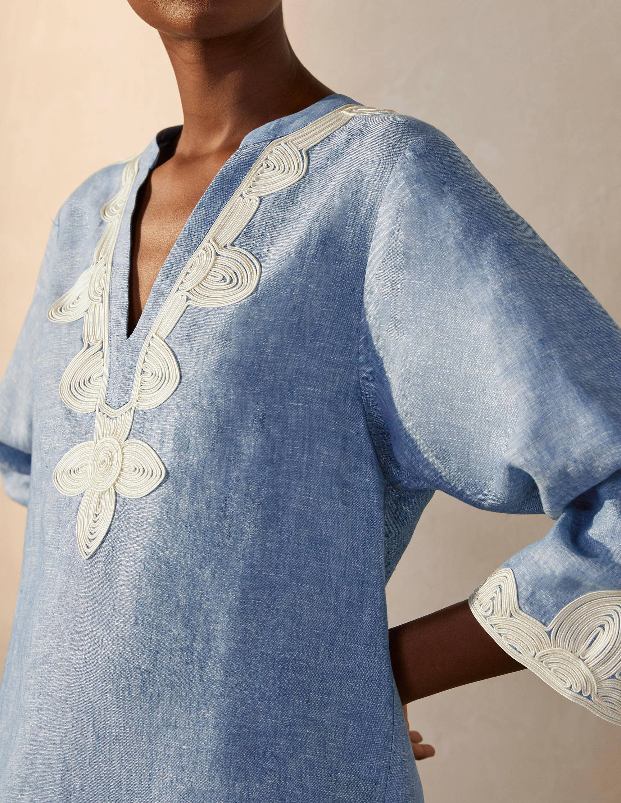 Bella Embroidered Linen Dress-Grey Blue Chambray/Ivory - Image 3