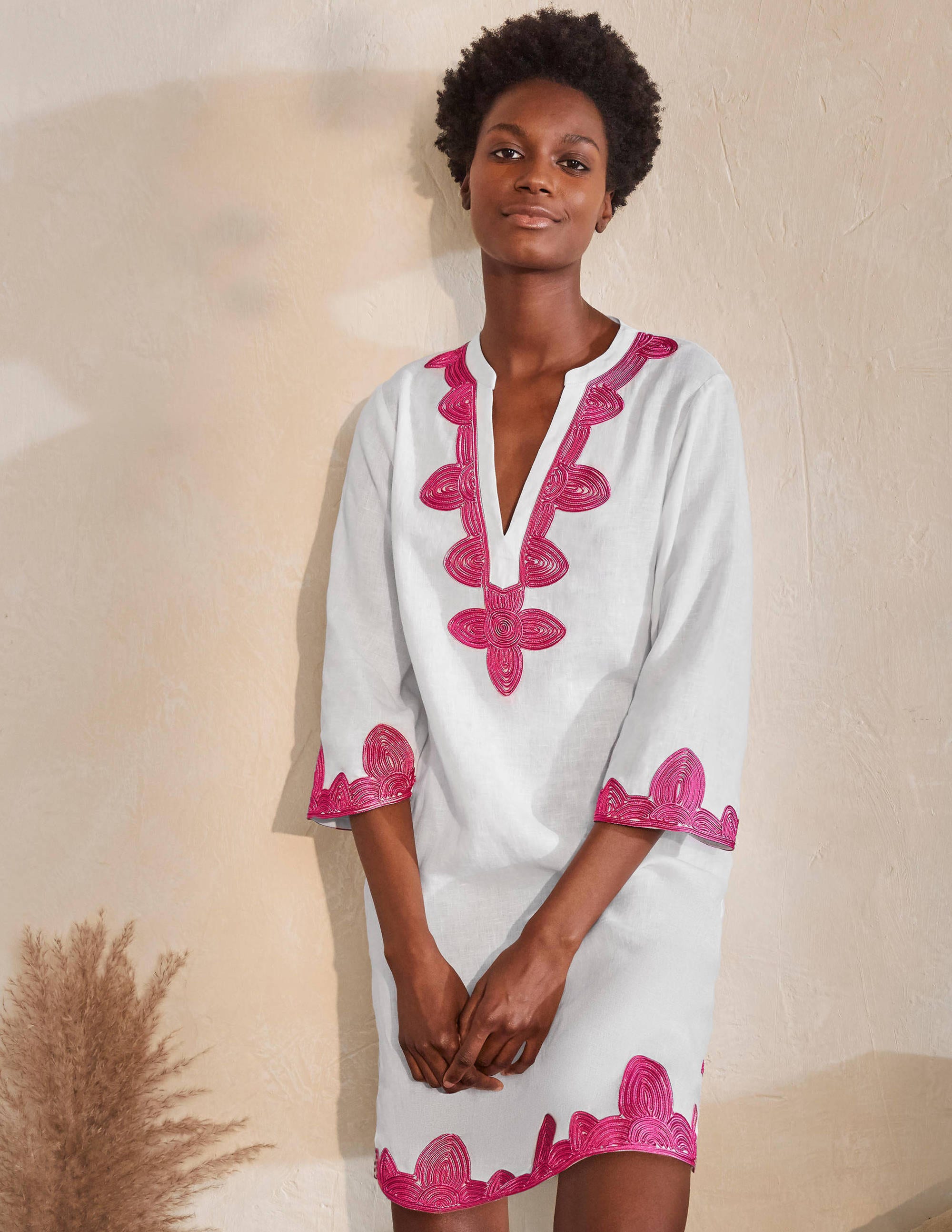 Bella Embroidered Linen Dress-White/Party Pink - Image 5