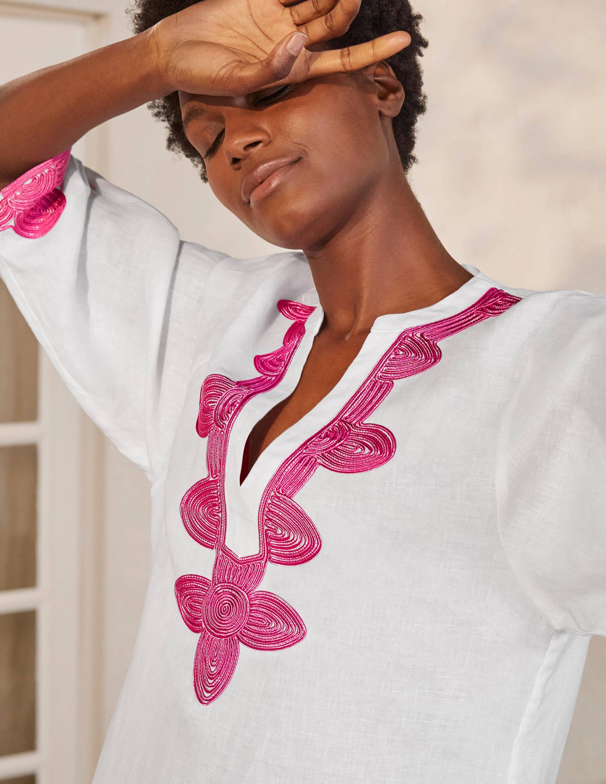 Bella Embroidered Linen Dress-White/Party Pink-1